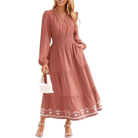 Womens Long Sleeve Dot Maxi Dress with Pockets Coral - Picture 1 of 6